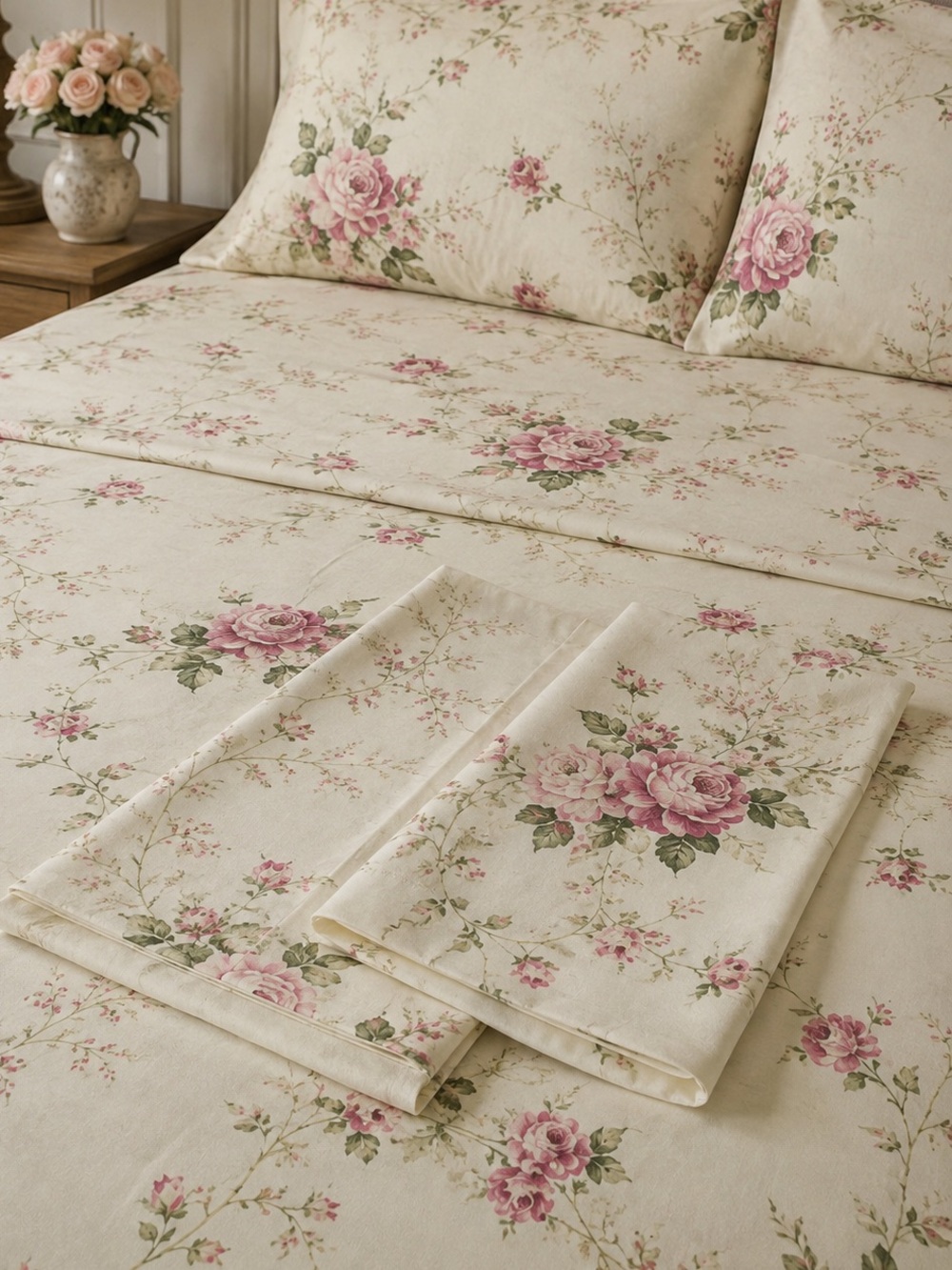 Vintage Mirabello Italy Queen  Sheet Set Luxury Floral Pink Roses 4 Pc Cotton